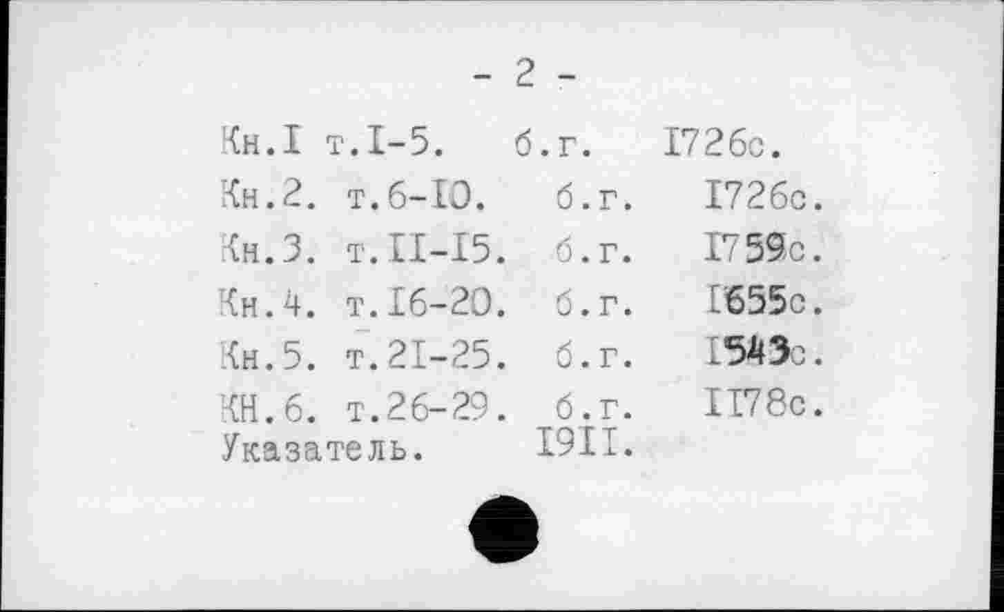 ﻿- 2 -
Кн.І	т.І-5.	б. г.	І72бс.
Кн.2.	т.б-ІО.	б.г.	І72бс.
Кн. 3.	т.ІІ-15.	б. г.	1759с.
Кн.4.	т.16-20.	б.г.	1655с.
Кн.5.	т.21-25.	б.г.	1543с.
КН.б. т.26-29. Указатель.		б. г. І9ІІ.	117 8с.